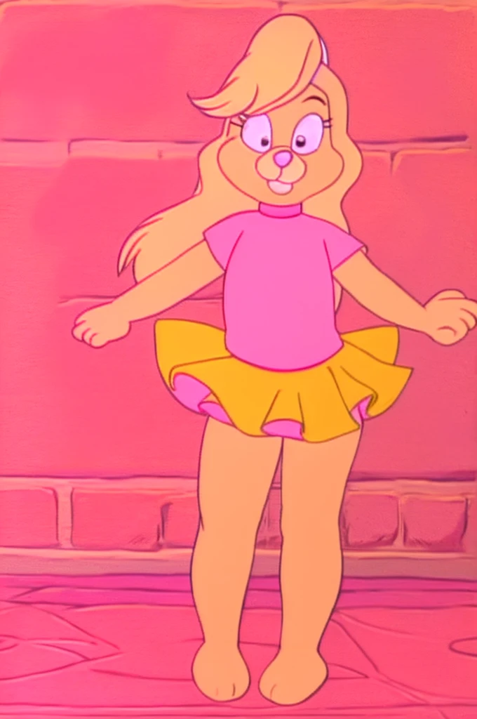Furry Yellow bunny with white eyes with hot pink pupil and pink collar with a heart, with mat instead of chest without clothes just a skirt cartoonish Hanna-Barbera type, Women, Mexican pink volume skirt, BALD, in cute pose
