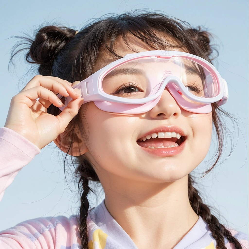 arafed girl wearing a pair of goggles and smiling, wearing goggles, goggles on forehead, goggles, round goggles, childs, Fully visible, child, Wear sailing glasses, zoomed shoot, 3 d goggles, Electronic Girl, Electronic Girl, 5.6, pink glasses, Extremely detailed, Extremely detailed, for childs, happy child