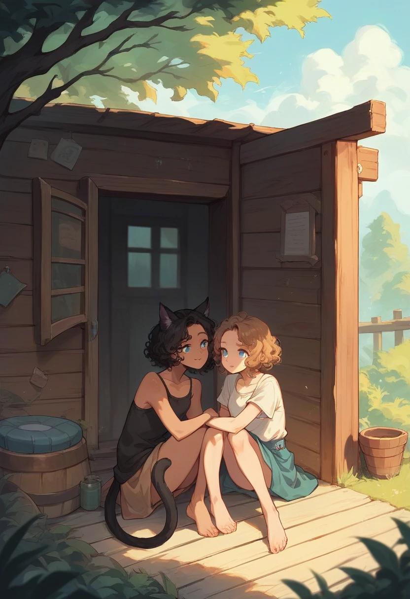 Girl with brown curly hair next to a black cat with blue eyes, sitting together in a cabin