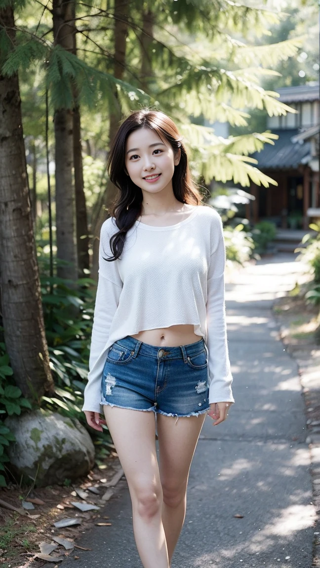 masterpiece, best quality, Surreal, Ultra Detailed, 8k resolution, RAW photos, Clear focus, (A girl in the forest),Asian woman in a blue top and white shorts posing for a photo,Breast augmentation， Full body posture, Solitary, Perfect body, Become a, 32 inches in the chest,(a charming smile:1), (sexy pose)，26 years old, light,White shoes，Nozomi Takemura, Oka Yasumoto, Chiho, Ogata Aoi, Motto Cave, Yoshitomo Nara, Kakinuchi Megumi, Harumi, Kojima De Ami, Beichuan Marin