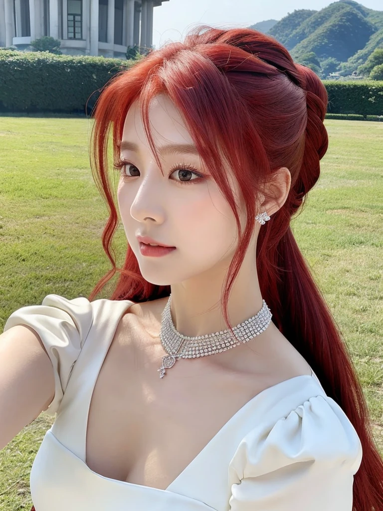 Korean with long red hair, white gown, neckleace, selfie and hair up