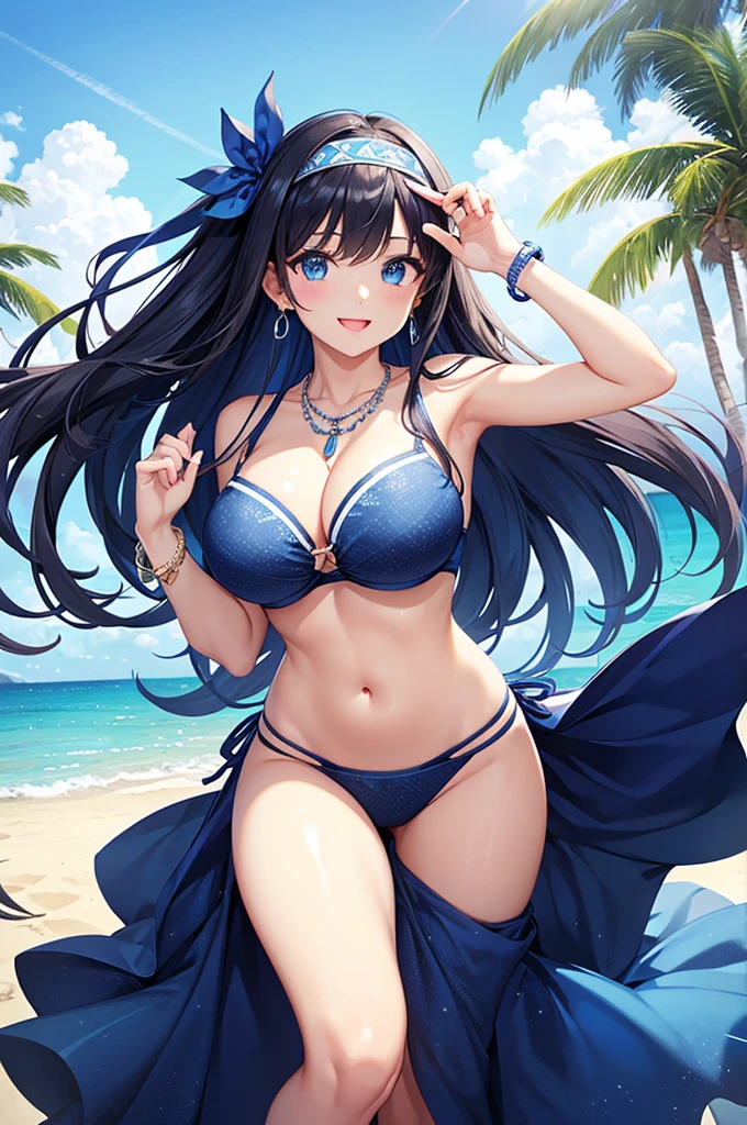 Highest quality、Highest quality、masterpiece、(8K),beauty(Age 25)、Navy blue long hair、blue eyes、Sexy Bikini(Block check pattern)、Big cleavage、(Big Breasts)、smile、blue necklace、Blue Earrings、background(Beach)、Please open your mouth wide、White headband、bracelet、Dynamic pose