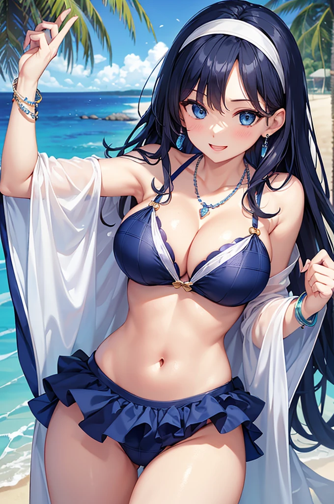 Highest quality、Highest quality、masterpiece、(8K),beauty(Age 25)、Navy blue long hair、blue eyes、Sexy Bikini(Block check pattern)、Big cleavage、(Big Breasts)、smile、blue necklace、Blue Earrings、background(Beach)、Please open your mouth wide、White headband、bracelet、Dynamic pose