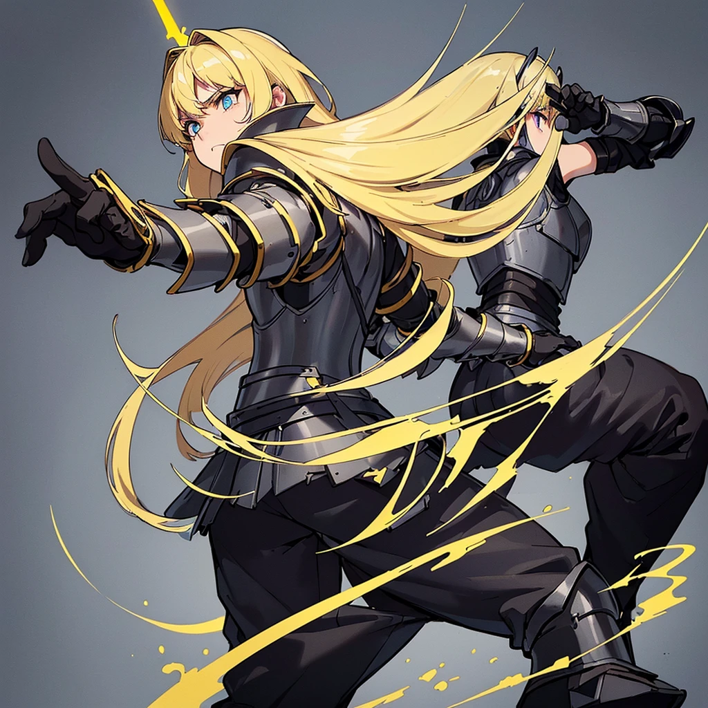 (((Solo)))、Highest quality, Best Quality、(((Gray simple armor、Black trousers、Black gloves))、(woman、18-year-old)、(Blonde、Long Hair)、Grab the sword、(Simple Background)、(Fighting stance, battle)、Dramatic Angle、(Blue and yellow aura)、From below