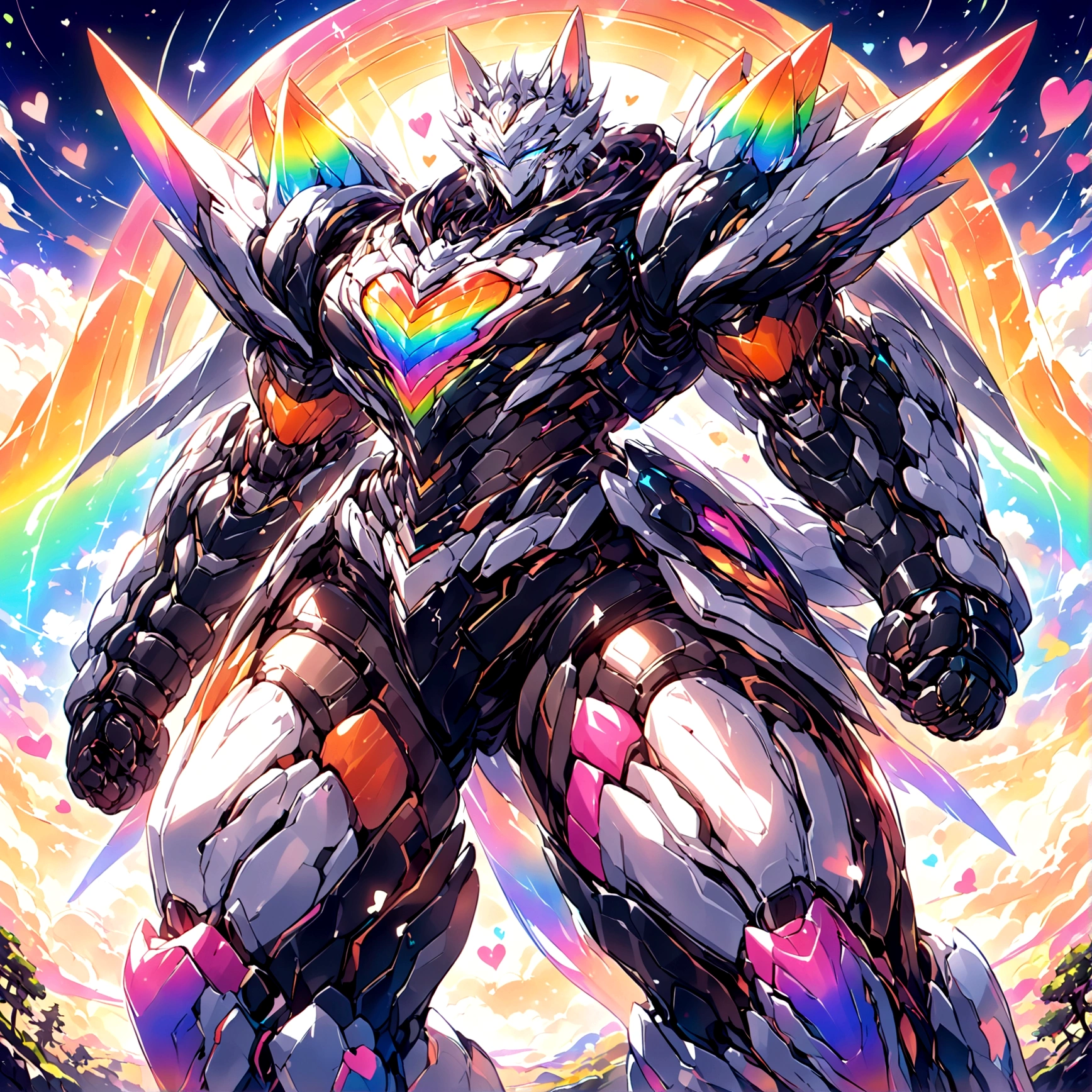 a cute adult male with wolf ears, long white hair, long locks, has a wolf tail, wearing a loose cropped black hoodie, wearing a pair of denim short shorts and fishnet stockings, thick thighs, wide hips, relaxing on mound of fluffy multi colored kawaii plushies, short, very slim, showing slender tummy, heart on hoodie, squishy thighs, has glowing blue eyes. alone, solo (ALONE)(SOLO), surrounded by rainbows, colorful galaxy backround