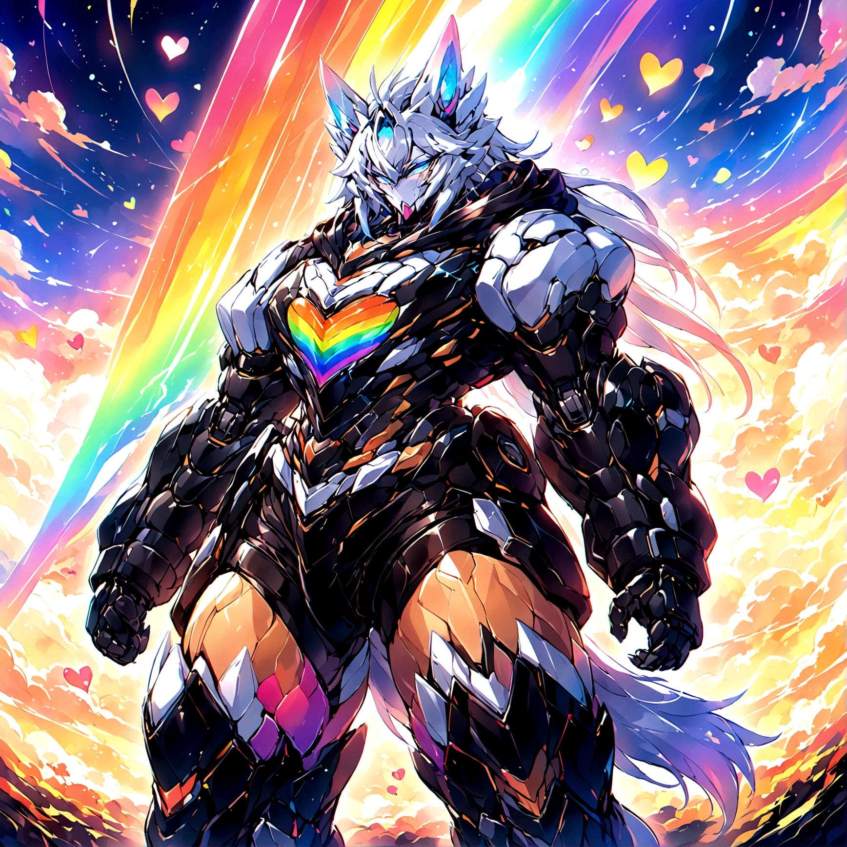 a cute adult male with wolf ears, long white hair, long locks, has a wolf tail, wearing a loose cropped black hoodie, wearing a pair of denim short shorts and fishnet stockings, thick thighs, wide hips, relaxing on mound of fluffy multi colored kawaii plushies, short, very slim, showing slender tummy, heart on hoodie, squishy thighs, has glowing blue eyes. alone, solo (ALONE)(SOLO), surrounded by rainbows, colorful galaxy backround