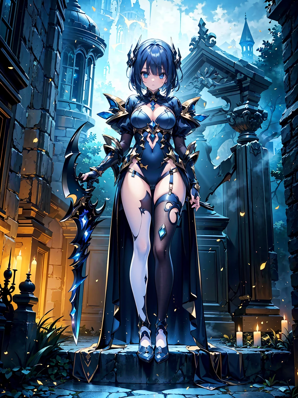 (((masterpiece, best quality, high detailed, 8k))) Design a layout showcase Gaming character, (1girl). Black|Gold clothes, stylish and unique. ((showcase weapon:1.4)), dark scythe. (masterpiece:1.2), (best quality), 4k, ultra-detailed. (Step by step design, layout art:1.5), (luminous lighting, atmospheric lighting). necromancer, ((glove full hands)), (((revealing clothes:1.3))), vambraces, armored legwear, (((full_body_shot:1.4))). {In a haunted graveyard}.