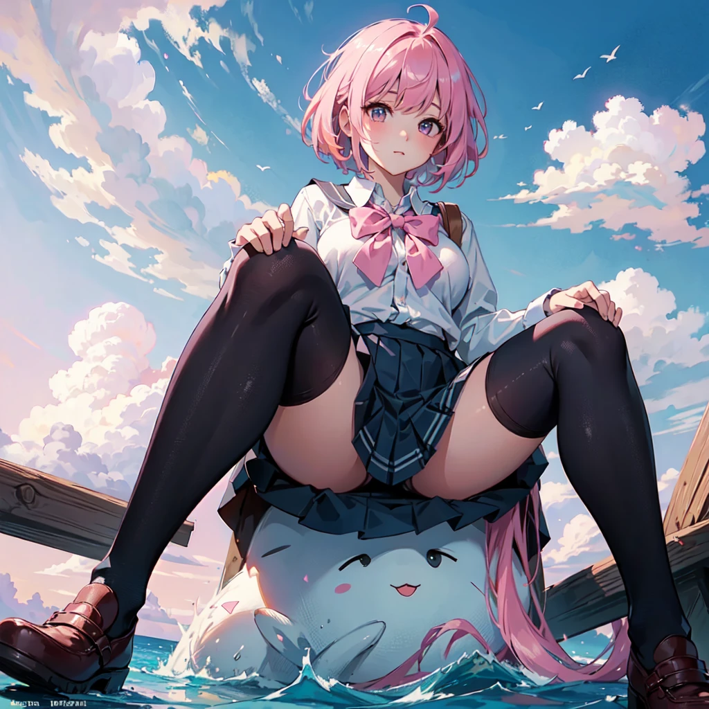 ((Highest quality)), ((masterpiece)), (detailed), From below, Pink Bob Hair, Beautiful school girl, Plump breasts, , Sitting on the shore, Spread your legs, View your viewers, beautiful pink sky and clouds,