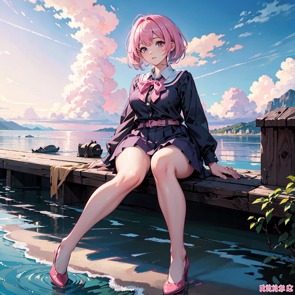 ((Highest quality)), ((masterpiece)), (detailed), From below, Pink Bob Hair, Beautiful girl, Plump breasts, , Sitting on the shore, Spread your legs, View your viewers, beautiful pink sky and clouds,