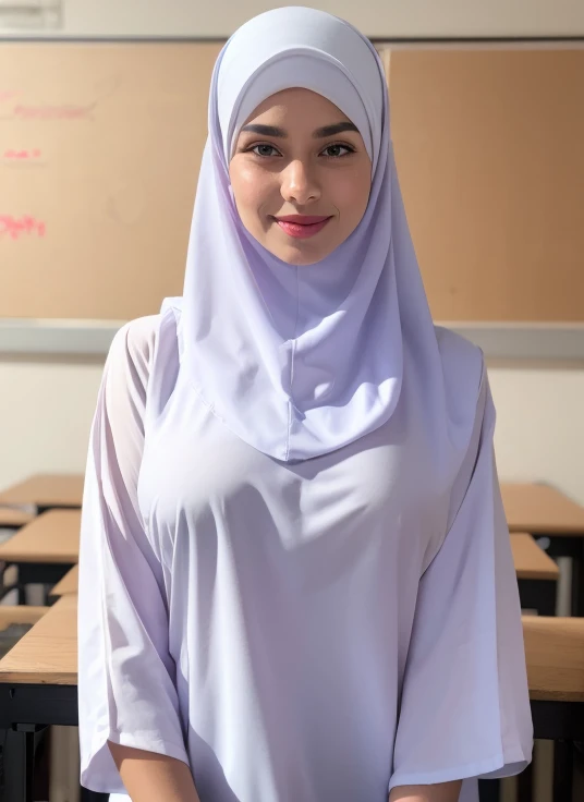 1girl, white silky dress, wearing short blue hijab, blue skirt, long sleeve, classroom background, beautiful, pretty, blushing, flawless, best quality, masterpiece, ultra high res, (photorealistic:1.4), raw photo, (large breasts,full body:1.2), ((closed clothes)), ((crossed arm pose)), ((wearing short hijab)), detailed beautiful eyes, detailed reddish lips, ((dress wrinkles at breasts area)), creative poses