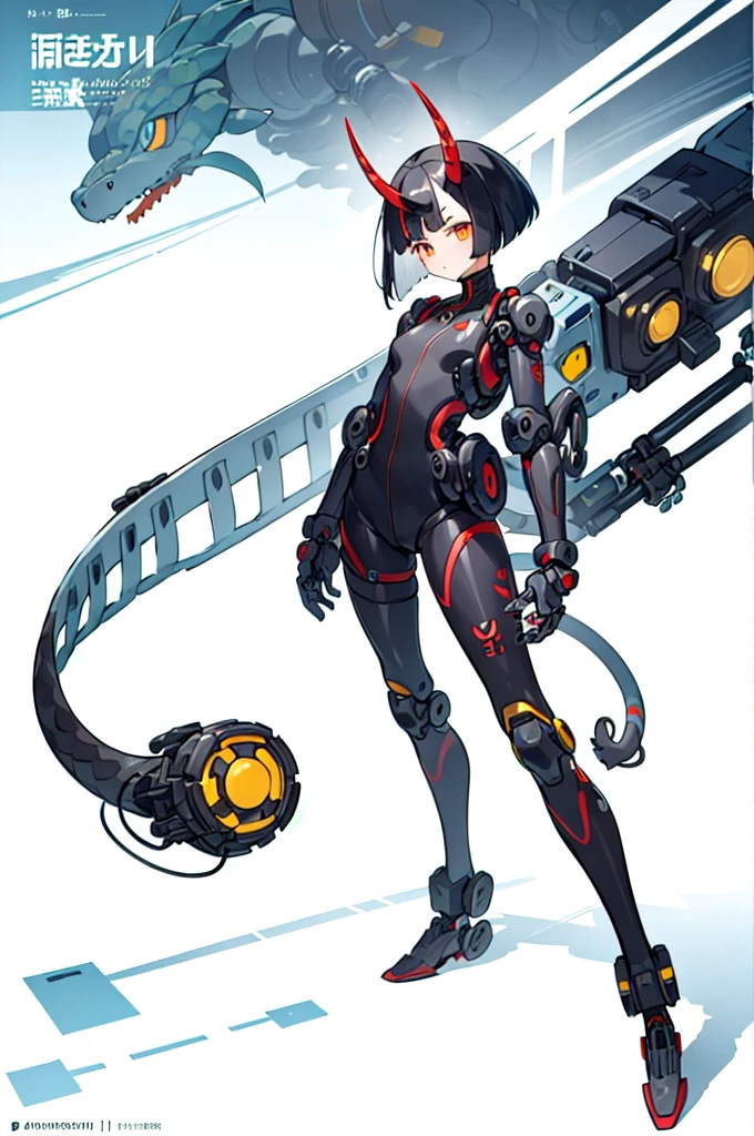 (finely best quality illustration:1.2), (1girl, solo:1.0), (black short hair:1.0), (masterpiece, ultra high quality), (standing), (full body), (1girl), (solo), (female focus), (furry), (Anime art style), (Singular, large horn on the left side of her head), (half human/half snake hybrid female), (Messy bob-cut with bangs), (big eyebrows), (organic snake tail sticking out of ass) (Cute anime snake eyes), (mechanical limbs attached to limbless female body), (mechanical exo-suit with mechanical limbs)