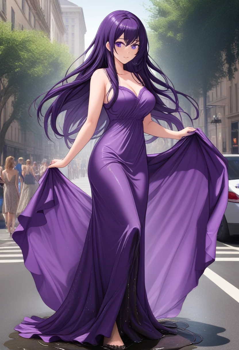 (masterpiece:1.37), best quality, (extremely detailed:1.37) woman, (mature:1.75), (adult:1.5), (very long hair:1.5), dark purple hair, purple eyes, (extremely detailed eyes:1.37), breasts, (very long dress:2.0), (very tight dress:2.0), (wetting herself:2.0), standing straight, full body day, daytime, glow, facing viewer, perfect composition, full body, city, street