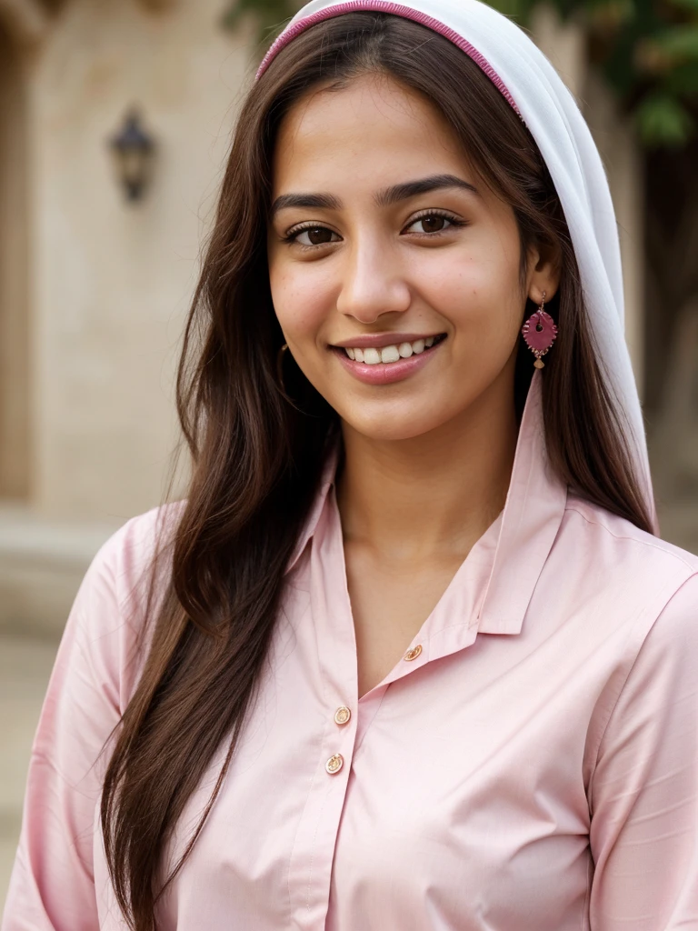 very high resolution, realistic Arab women, pink shirt, white teethes, cute smile, long brown hair, realistic facial details, modest, white skin