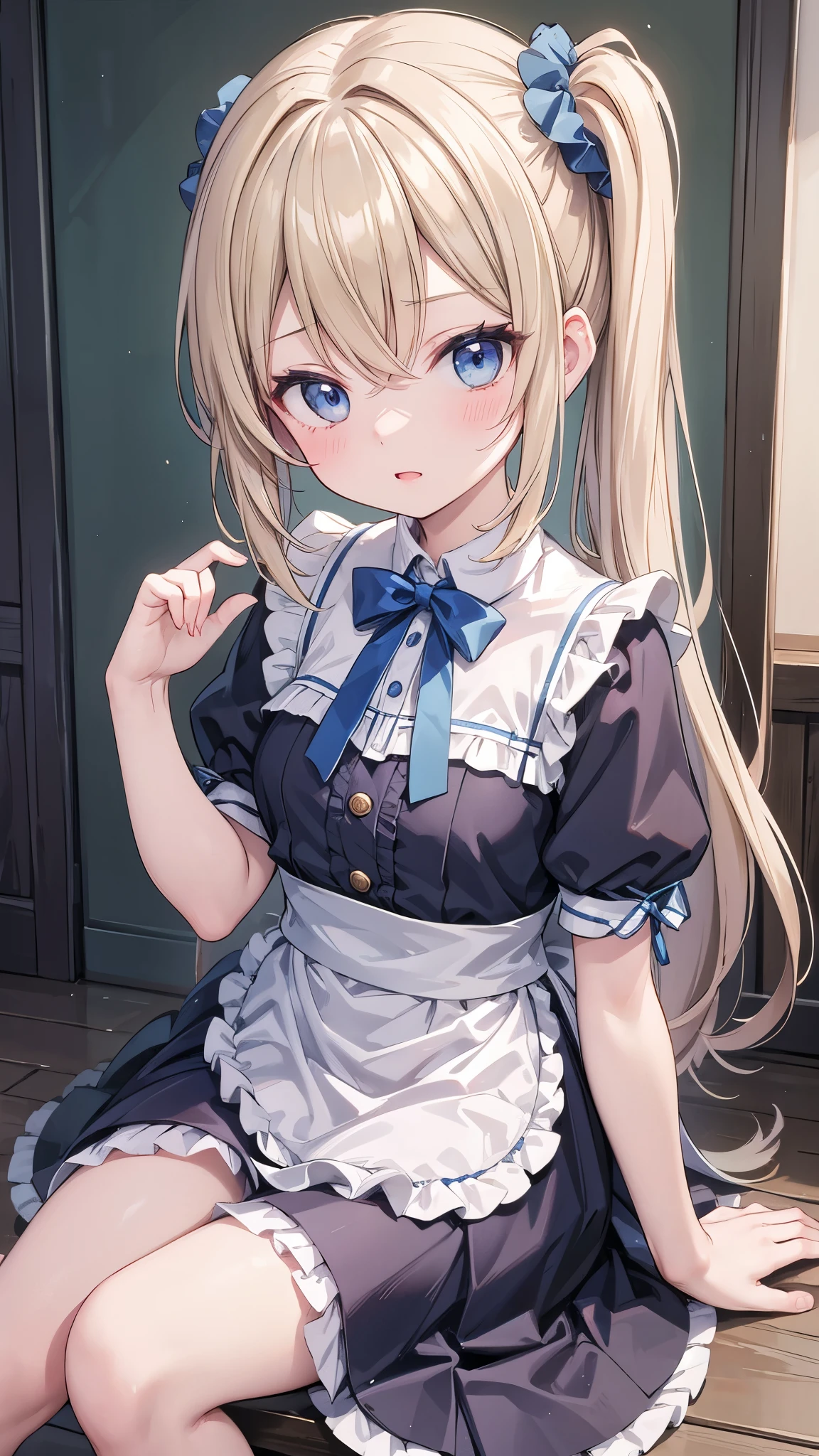Masterpiece, Highest quality, High resolution, One girl, hayasaka ai, solo, Blonde, Otome, blue eyes, Side Ponytail, Hair Scrunchie, hair ornaments, Blue Scrunchie, Maid&#39;s Headdress, Height, Hair between the eyes, , Bikini only, teeth, Backwards, Worth Cancer, (Leaning forward), Thin pants,