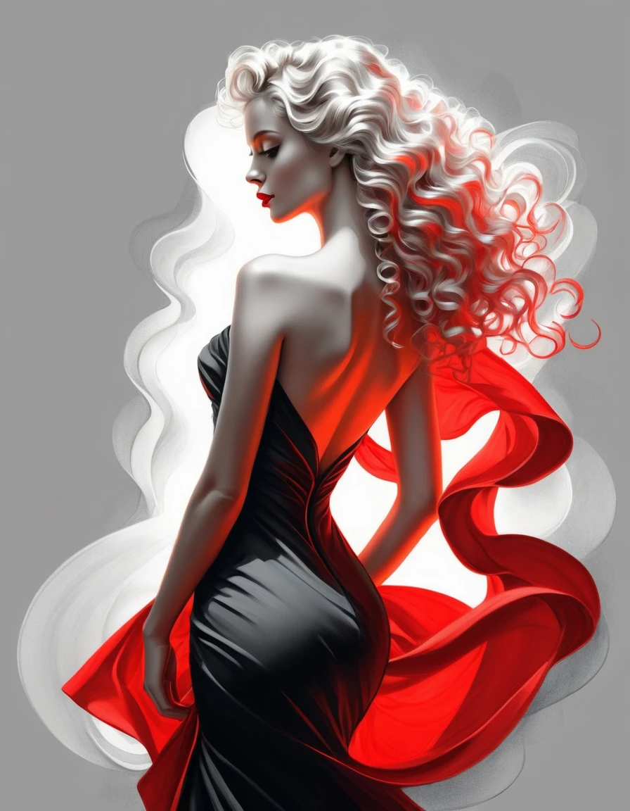 very attractive caucasian 25 year old girl with long very curly platinum blonde hair, Charcoal drawing, black pencil, pencil drawing, line drawing, elegant beautiful woman in tango dress (her silhouette outlined in glowing red). (style by Vladimir Volegov: 1.1). (her silhouette is outlined in glowing red). red white on gray color palette. professional, sleek, modern, minimalist, graphic, line art, vector graphics, black and white drawing, graphite drawing