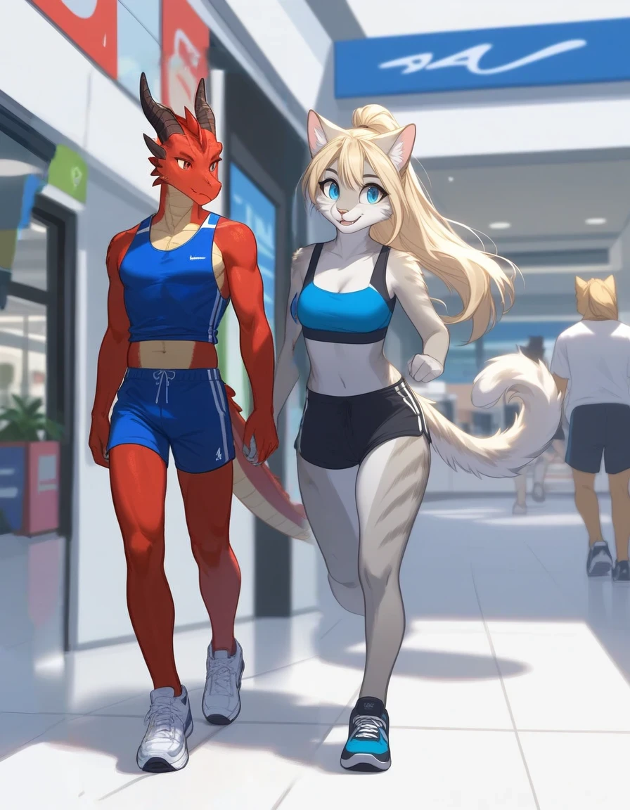 Score_9, score_8_up, an anthro dragon male, tall, athletic body, black dragon male, red eyes, he is wearing a blue sports jersey and brown khaki shorts with white sneakers, walking in a strip mall, holding girls hand, blend in with image