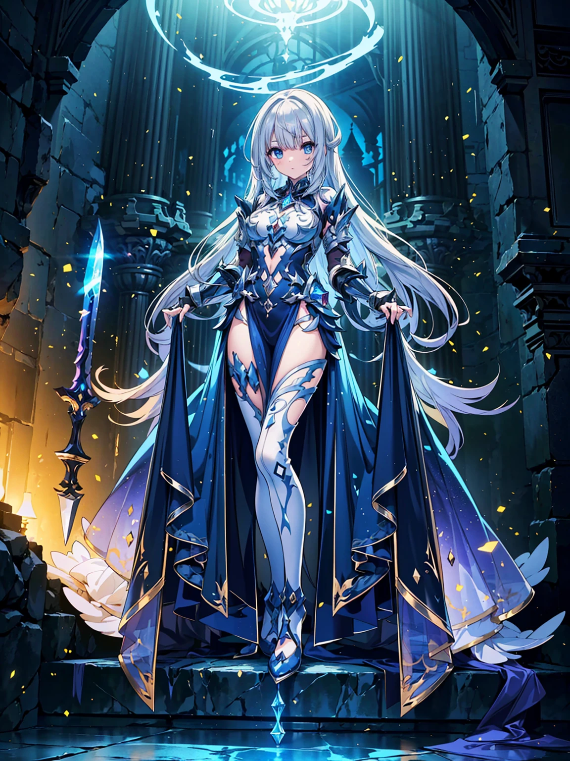 (((masterpiece, best quality, high detailed, 8k))) Design a layout showcase Gaming character, (1girl). Purple|Silver clothes, stylish and unique. ((showcase weapon:1.4)), magical orb. (masterpiece:1.2), (best quality), 4k, ultra-detailed. (Step by step design, layout art:1.5), (luminous lighting, atmospheric lighting). sorceress, ((glove full hands)), (((revealing clothes:1.3))), vambraces, armored legwear, (((full_body_shot:1.4))). {In an enchanted castle}.