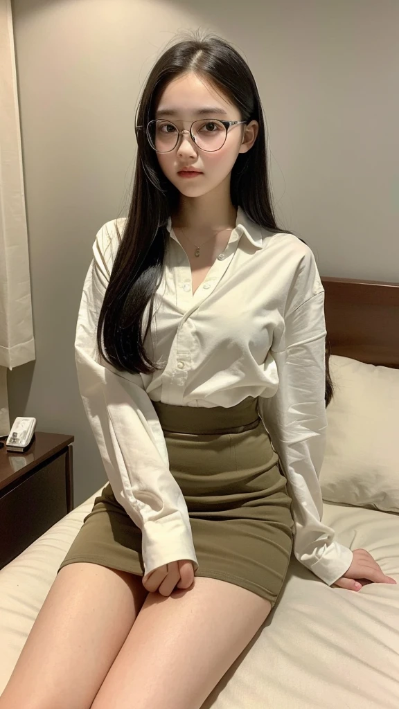 (Highest quality, 8K, masterpiece ), A -yeld jua young face、 The eyes are large and clear、Black Hair、Wearing a beige mask:1.2、White Button Down Shirt、Glamour thighs:1.2、, Highly detailed face, double eyelid, Strong natural light、whole body、Sexy thighs:1.2、Side angle,Diagonal horizontal angle:1.2、Black Mini Skirt、On the bed、Wearing glasses