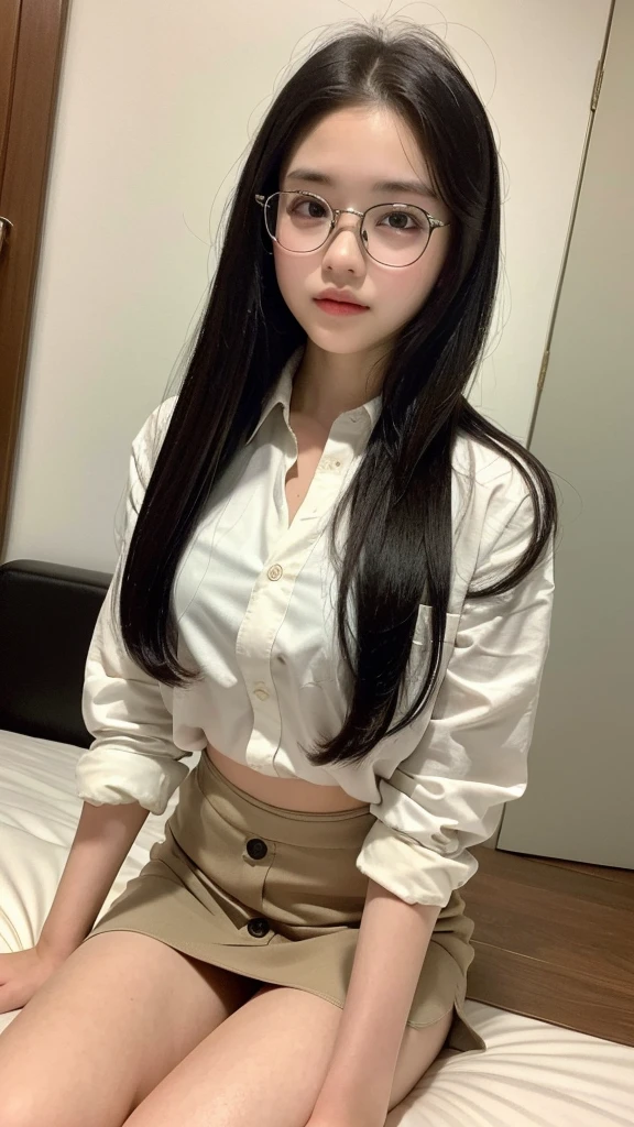 (Highest quality, 8K, masterpiece ), A 12-year-old junior high school student with a young face、 The eyes are large and clear、Black Hair、Wearing a beige mask:1.3、White Button Down Shirt、Glamour thighs:1.2、, Highly detailed face, double eyelid, Strong natural light、whole body、Sexy thighs:1.2、Side angle,Diagonal horizontal angle:1.2、Black Mini Skirt、On the bed、thin frame glasses