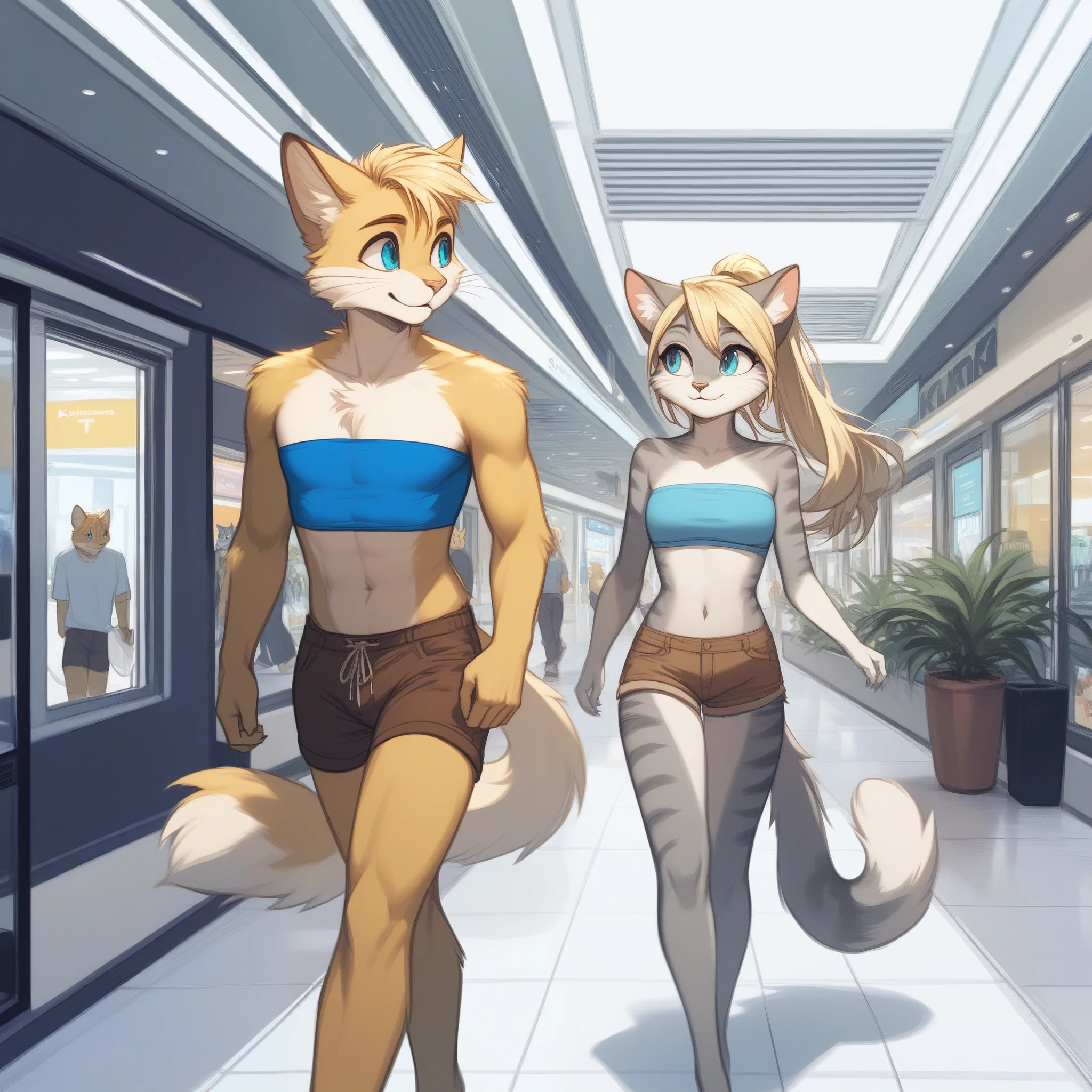 Duo, score_9, score_8_up, score_7_up (anthro furry feline, Kat, silver furry body, blonde hair, hair in ponytail blue eyes, long blonde hair, white background, wearing blue bandeau, brown short shorts), walking, outdoors at a strip mall, she is walking with an anthro furry male