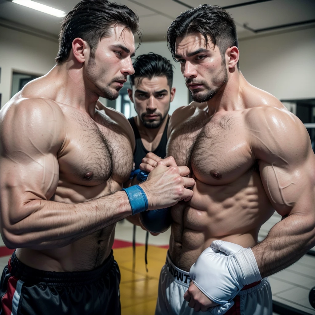 hairy Italian daddy muscle boxier with a strong chest and colossal arms and biceps, both wear a oversize and biggest white boxing gloves, laces and tapped. fighting with his adult son  in a close fight, he is teaching to boxing in a small boxing gym with large mirrors where they reflect. They both look tired and sweaty. both are muscular, hairy and stronger. they are huge and be hug, sweat over his bodies