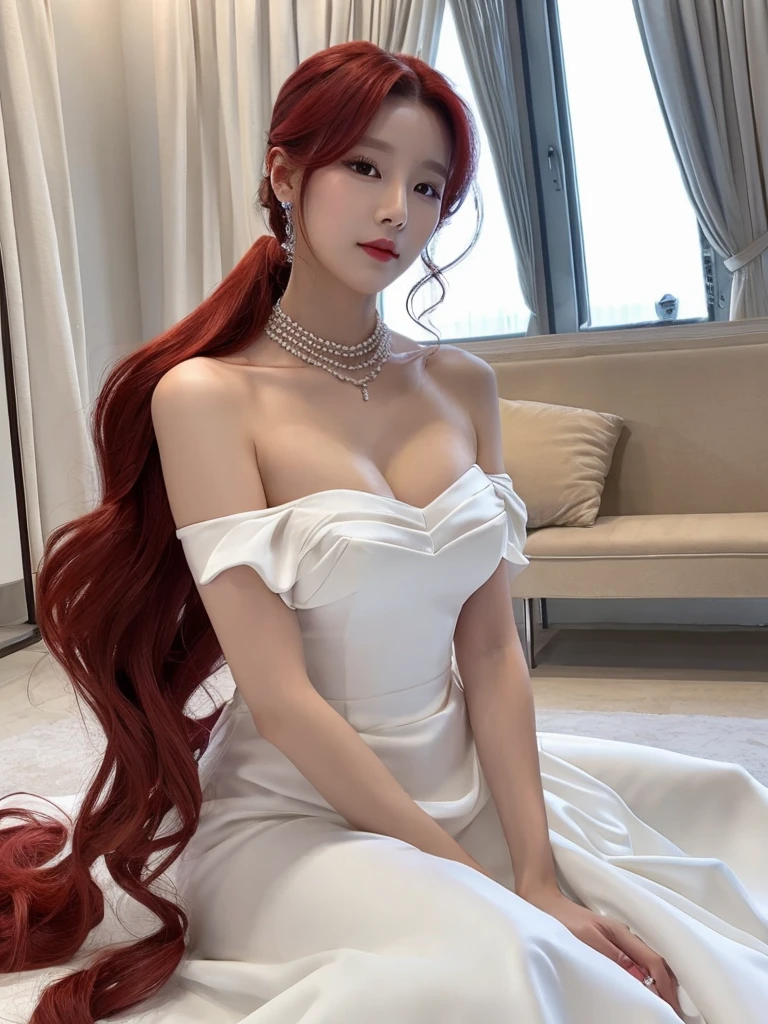 Korean with long red hair, white gown, neckleace, sexy selfie and hair up