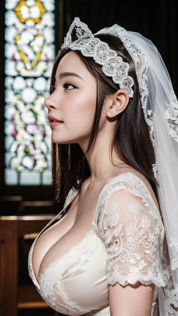 photo realistic, masterpiece, best quality, official art, extremely detailed CG unity 8k wallpaper, highly detailed, ultra highres, (highly detailed skin:1.3), (skin details:1.3), (extremely detailed eyes and face:1.3), absurdres, 8k resolution, from side, side view, side shot, upper body, ((looking ahead, looking to the side, profile:1.5)), 1 japanese girl, 20yo, 20yo, (cute:1.3), (actress:1.8), round face, wide forehead, (big eyes), black eyes, dark brown hair, (gigantic breasts, huge breasts, (huge cleavage):1.5), (wedding dress), (bride lace headgear:1.6), (standing in a church:1.5)、smile、