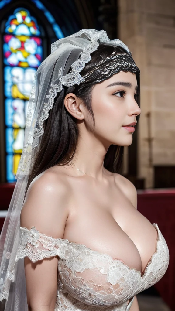 photo realistic, masterpiece, best quality, official art, extremely detailed CG unity 8k wallpaper, highly detailed, ultra highres, (highly detailed skin:1.3), (skin details:1.3), (extremely detailed eyes and face:1.3), absurdres, 8k resolution, from side, side view, side shot, upper body, ((looking ahead, looking to the side, profile:1.5)), 1 japanese girl, 20yo, 20yo, (cute:1.3), (actress:ound face, wide forehead, (big eyes), black eyes, dark brown hair, (gigantic breasts, huge breasts, (huge cleavage):1.5), (wedding dress), (bride lace headgear:1.6), (standing in a church:1.5)、smile、