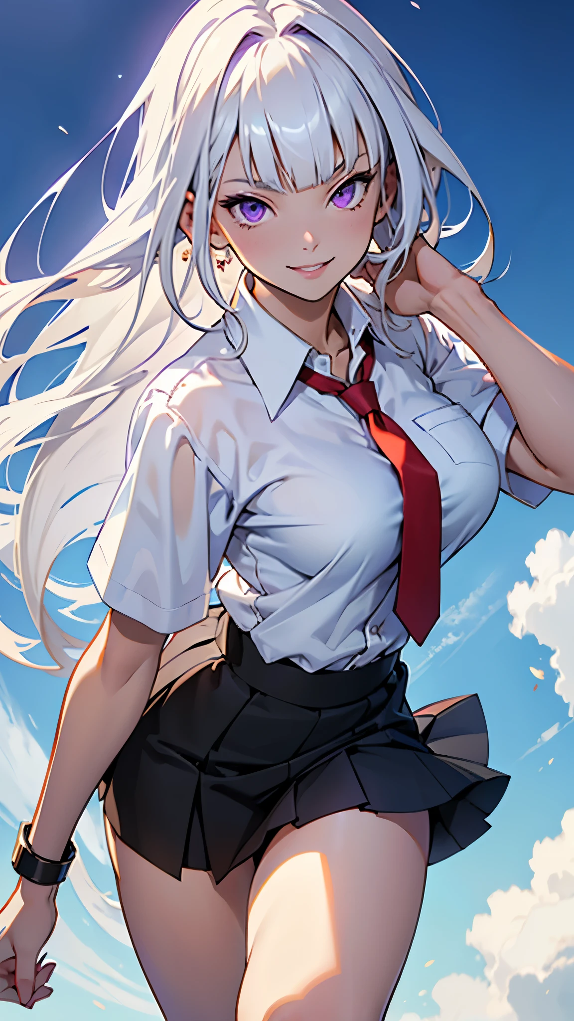 (Masterpiece, highest quality, ultra detailed), high quality anime, pretty young woman, purple eyes, almond eyes, white hair, flowing hair, blunt bangs, bright smile, slim body, large breasts, white button up shirt, short sleeves, red tie, short skirt, black skirt, high socks, college background