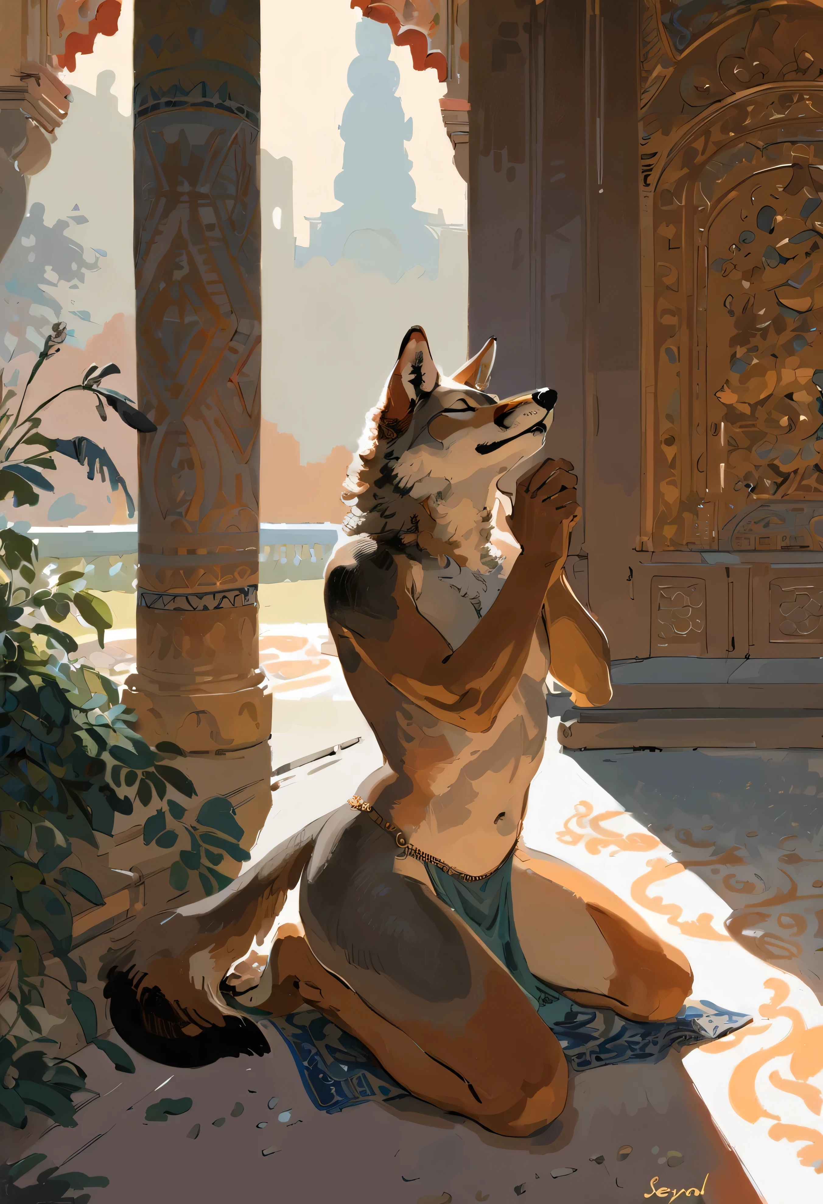 solo, male, anthro, (coyote), by seyorrol, digitigrade, digital artwork, (flat colors:1.2), ((detailed background)), (perfect hands), intricate detailed background, powerful silhouette, mysterious shadows, realistic shading, (epic, masterpiece, high quality, 8k, ultra HD, absurd res, top quality, best quality, max quality, masterpiece), loincloth, ((sexy, ((feminine body)))), kneeling, looking upward, chin up, (tail:1.2), dusk, closed eyes,