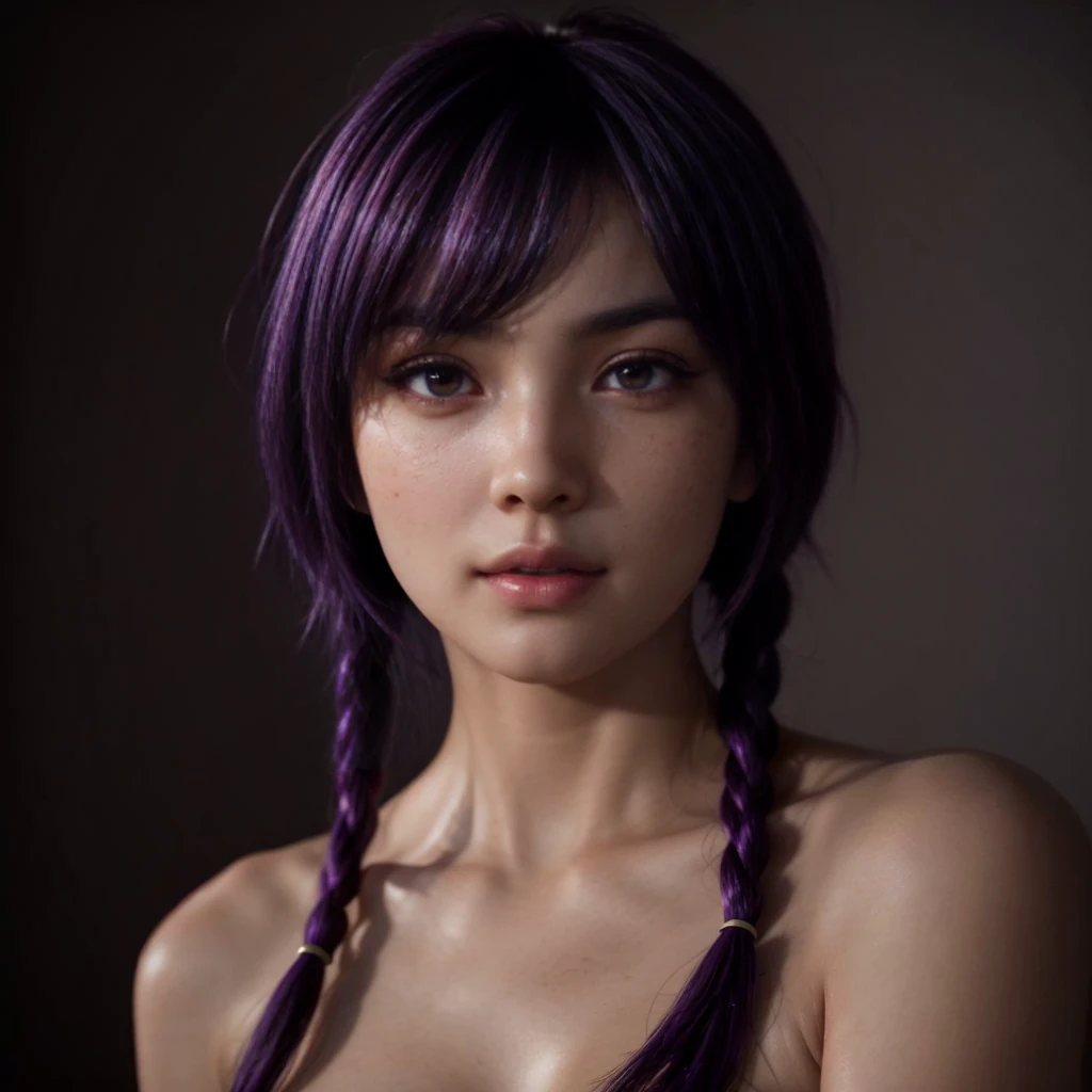 Ayane, purple hair, (best quality, ultra-detailed), (realistic:1.37), beautiful and detailed face, ultra-realistic texture, delicate face, delicate body, red lipstick, bright colors. high definition, 8K, well defined legs