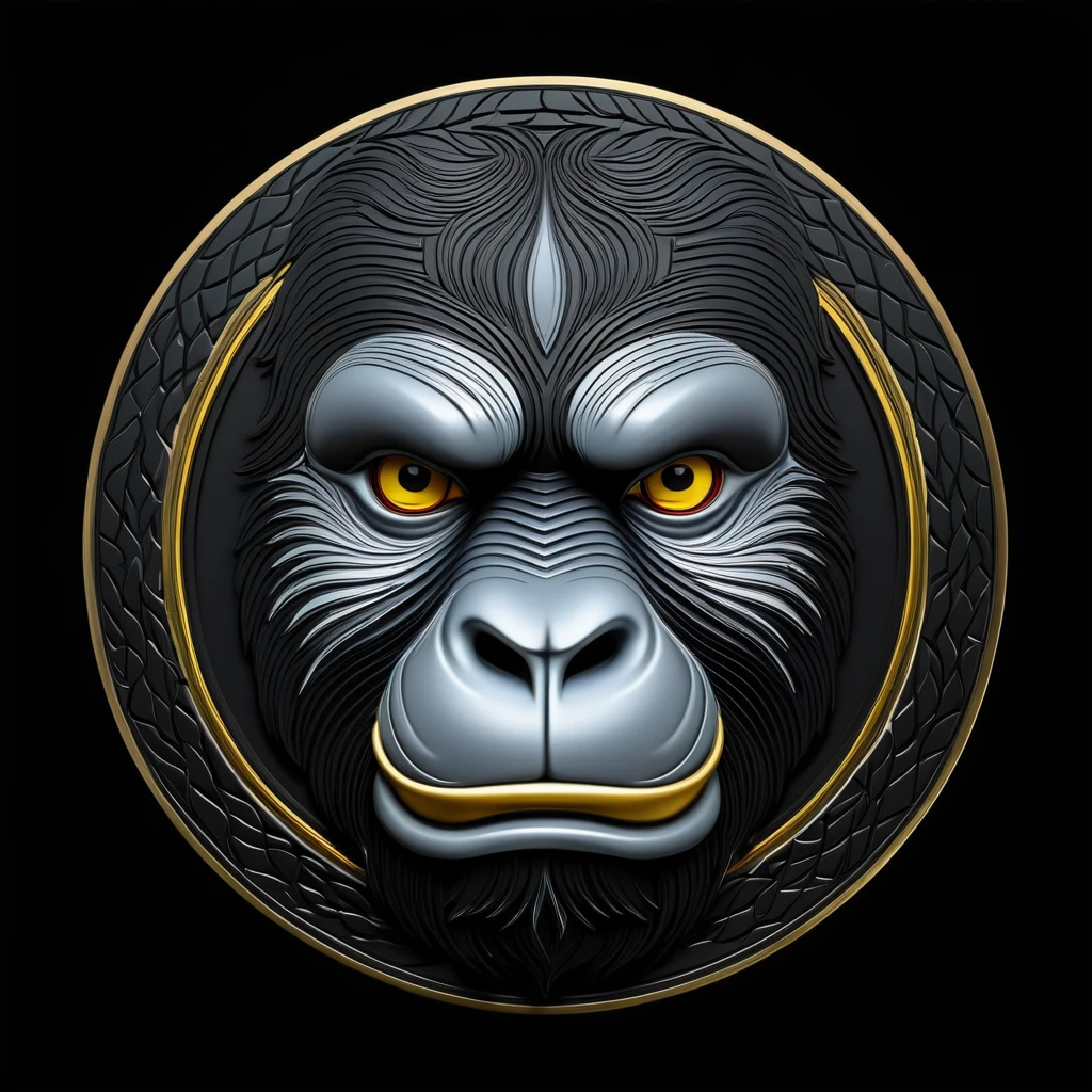 Gorilla face emblem, full color, uneven front, circular plate, pattern on black background.