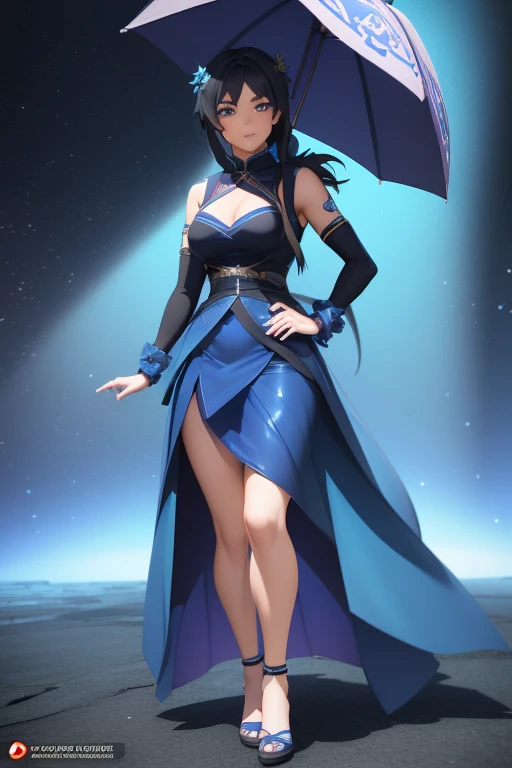 a woman in a blue dress holding an umbrella, loba andrade from apex legends, anime woman fullbody art, ”beautiful anime woman, cgsociety 9, smooth anime cg art, artgerm ; 3d unreal engine, female anime character, beautiful anime woman, realistic anime 3 d style, anime woman, anime character; full body art