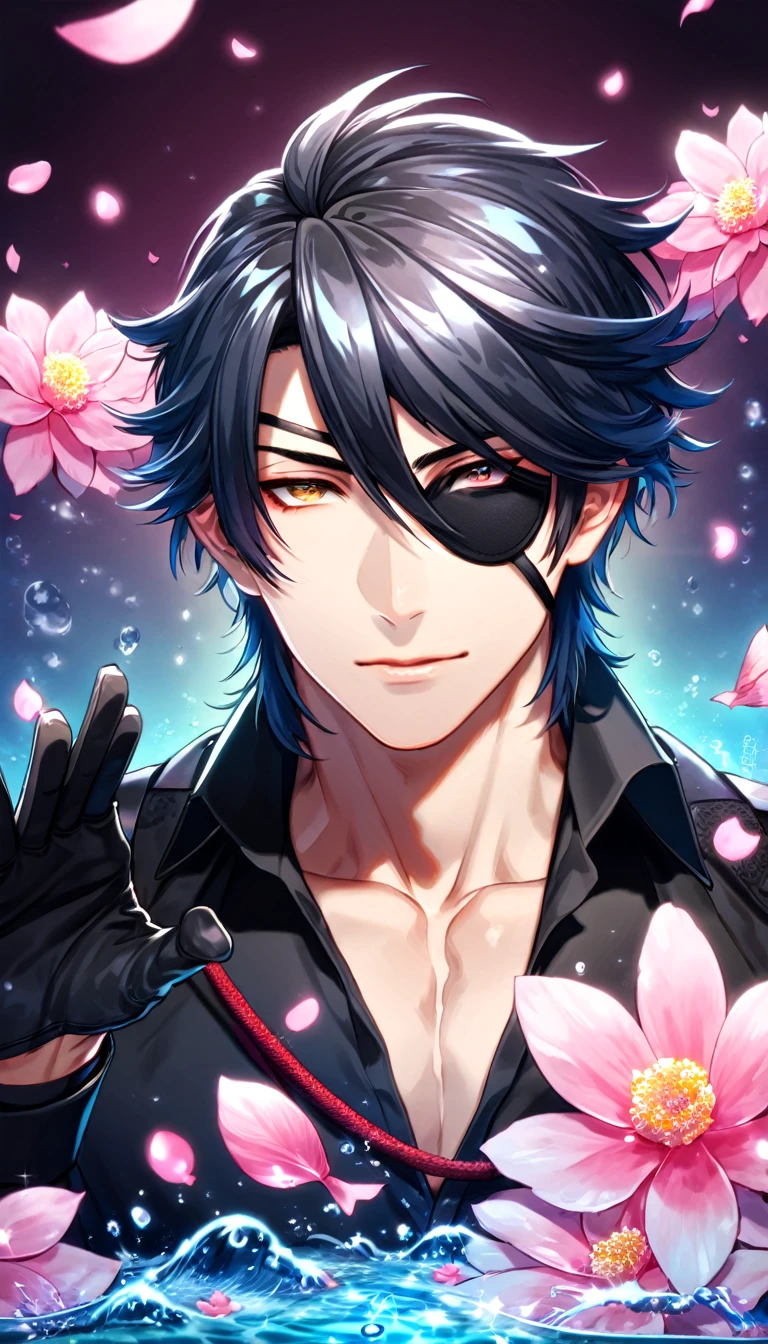 absurdres, highres, ultra detailed, HDR, master piece, best quality, Mitsutada Shokudaikiri, black hair, expressive yellow eyes, Touken Ranbu, solo, sexy man, handsome, black clothes, black eye patch, black gloves, fantasy, shining, water, pink flowers, pink blossoms, pink butterflies, pink petals