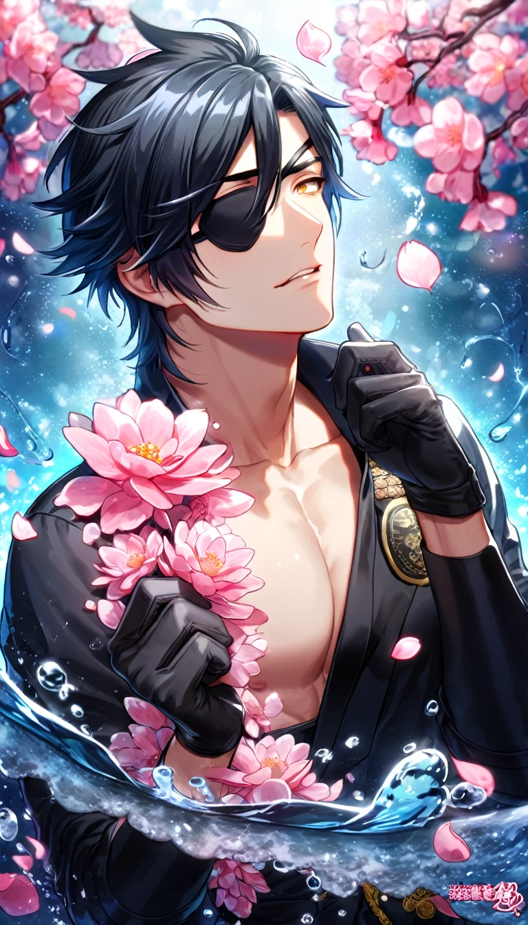 absurdres, highres, ultra detailed, HDR, master piece, best quality, Mitsutada Shokudaikiri, black hair, expressive yellow eyes, Touken Ranbu, solo, sexy man, handsome, black clothes, black eye patch, black gloves, fantasy, shining, water, pink flowers, pink blossoms, pink butterflies, pink petals