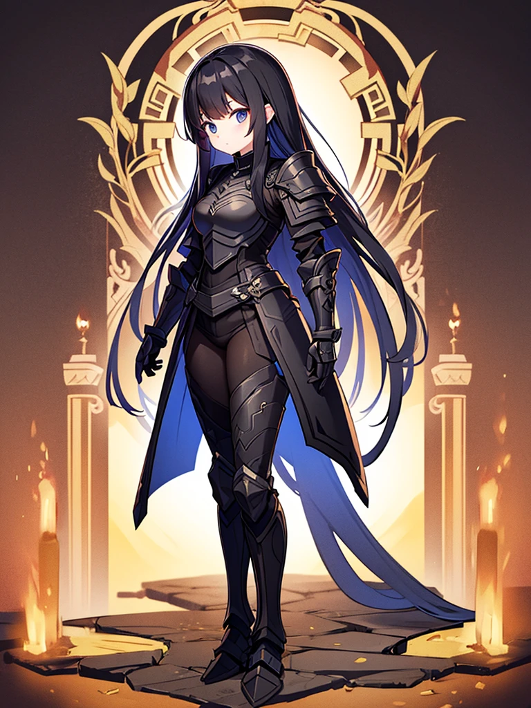 Full-body portrait、Are standing、Black Hair、Messy hair、Very long hair、Long Hair、Heavy armor with a black base、All black armor、western style armor
