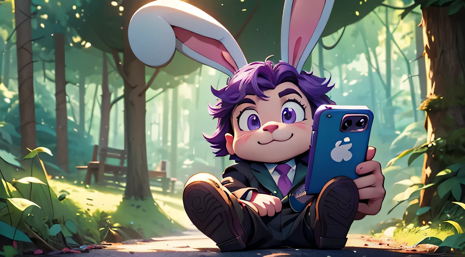 A cartoon character，in the forest，Hold the phone in hand，cartoon Features with purple hair and  ears sitting in the woods, Disney pictures, cg Social Hotspot, Concept Art, cute cartoon Features, mob_Features, cute Features, cartoon, cartoon, animation Features, cartoon still, cute cartoon, cartoon scene, as a claymation Features, screenshot, cartoon Features