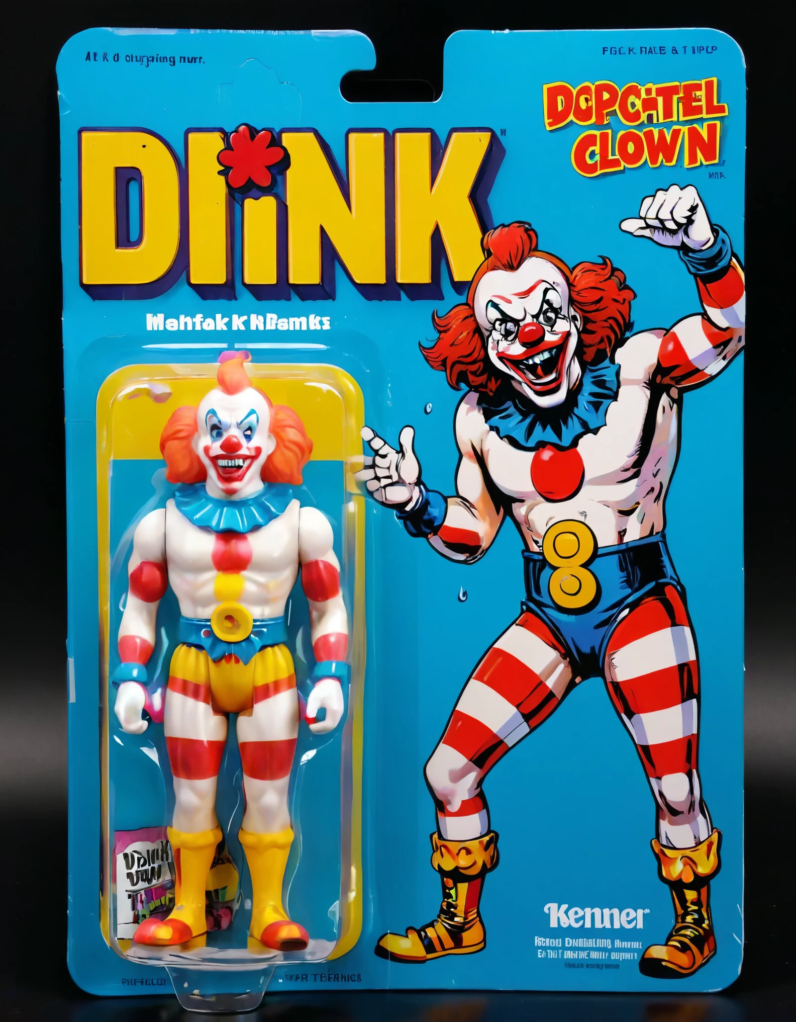 A lifelike figurine resembling the well-known WWF professional wrestler , Doink The Clown, stands prominently displayed. The figurine captures his iconic exaggerated features with striking realism, including his colourful full body clown suit and water squirting flower. Alongside it, the packaging showcases a cartoon illustration of Doink The Clown, adding a playful contrast to the realism of the figure. The colorful yet menacing packaging is a juxtaposition to the character. The name ('Doink':1.5) is printed in bold, eye-catching letters on the packaging, highlighting his renowned identity.