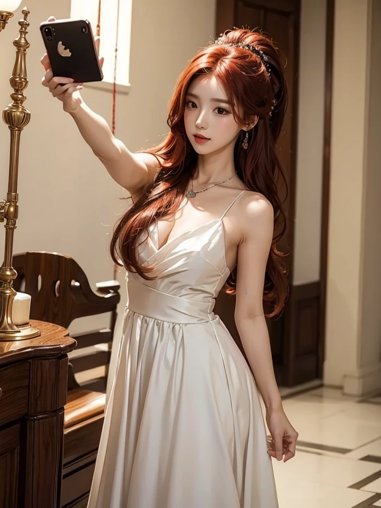 Korean with long red hair, white gown, neckleace, selfie and hair up