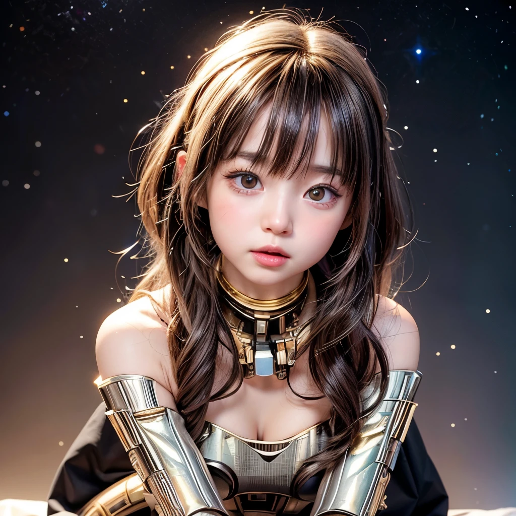 NSFW, 8k, High-level, absurd, masterpiece, best quality, primitive, very detailed CG, very detailed wallpaper, perfect lighting, Extremely detailed (((The personifying " C-3PO Star Wars " as a Little Girl))), MysticSight, Tyndall effect, Tyndall scattering, Studio gray background with (many Dazzling RainbowColor particles BokeH:1.28), (RoundlyButts, ThighGap), (Exposed:0.4), (Assfocus with looking ahead), BREAK (NOGIZAKA face variations) Extremely Detailed very KAWAII face variations, perfect anatomy, Childish, captivating gaze, elaborate detailed Eyes with (sparkling highlights:1.28), long eyelashes、Glossy RED Lips with beautiful details, Coquettish tongue, Rosy cheeks, Radiant PearlSkin with clear transparency . { (Dynamic LifeLike expressions:1.4) | :d) }, (large eyes:-1) .