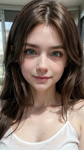 White woman, 35 years old, Brown hair, long hair, messy hair, Nice face, simetric face, Green eyes, Nice body, off shoulders, t-shirt, smile, bring the chest together