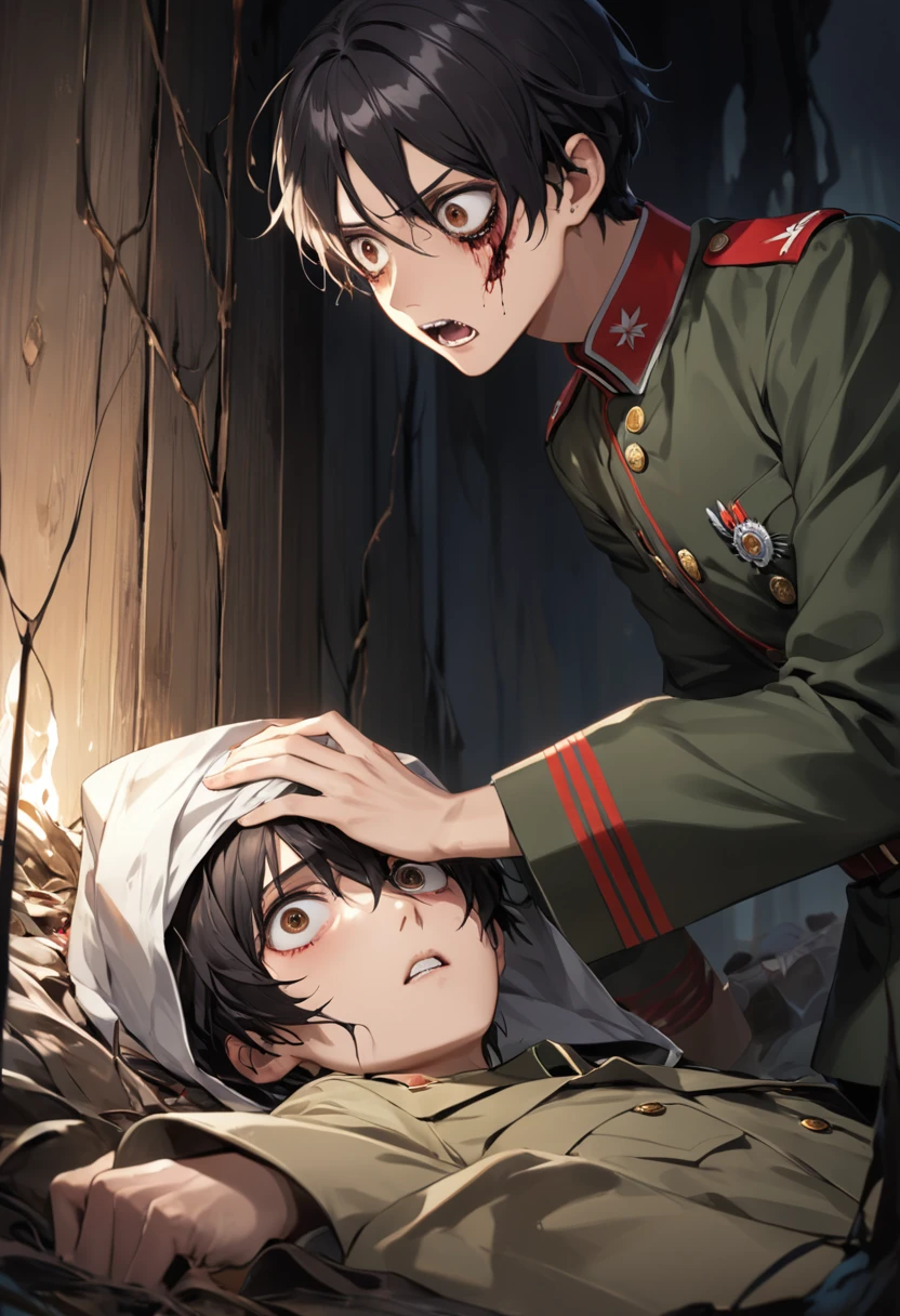 ung man、Kakoi、Black Hair、Brown eyes、Green military uniform、The expression of fear at the moment of death、impatience、Horror