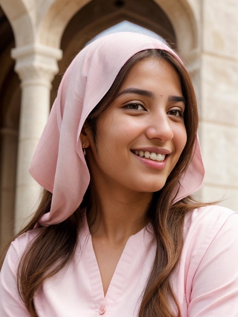 very high resolution, realistic Arab women, pink shirt, white teethes, cute smile, long brown hair, realistic facial details, modest, white skin