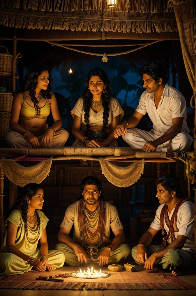 Above them, a subtle magical aura hints at the enchantment bestowed upon Maya, Raj, and Leela by the grateful elderly man, symbolizing their newfound gifts: Maya's pouch of healing herbs, Raj's enchanted carpentry tools, and Leela's loom weaving threads of gold.