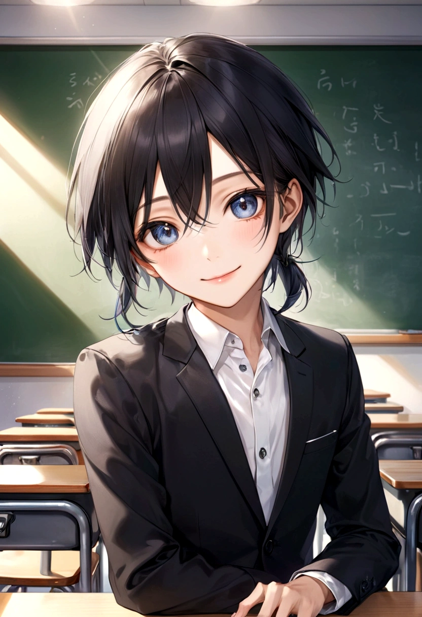 titles: Professional portrait in photorealistic classroom explanation: Images in 8K resolution、It must have extremely photorealistic quality。What is captured is、Young man of Asian descent、Expresses the upper body and front。He wears a black suit and a white shirt.、Smiling confidently at the camera。Your skin texture、Clothing fibers、Every strand of hair is captured with precision.、Natural light evenly illuminates the face and clothes。classroom in the background、Blackboard、Ensine Zhuo、Although it includes a chair、Depth of field restricts focus on it.、The background is a little blurred。The light is soft、Shadows are natural、Realistic contrast and color gradients are incorporated。Her eyes and skin are especially realistic.、Fine light reflections are observed in the eyes。The overall tone is natural and、Without overemphasizing any element、Maintaining Harmony。