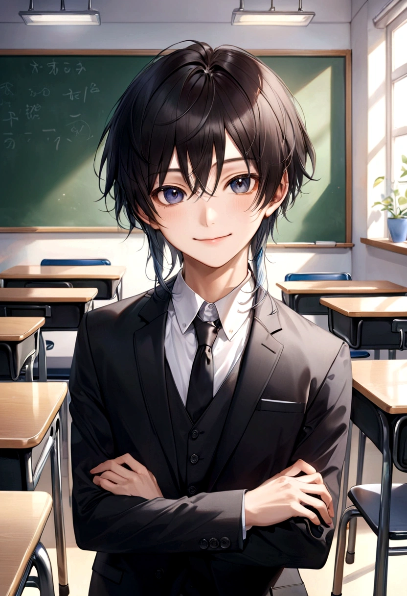 titles: Professional portrait in photorealistic classroom explanation: Images in 8K resolution、It must have extremely photorealistic quality。What is captured is、Young man of Asian descent、Expresses the upper body and front。He wears a black suit and a white shirt.、Smiling confidently at the camera。Your skin texture、Clothing fibers、Every strand of hair is captured with precision.、Natural light evenly illuminates the face and clothes。classroom in the background、Blackboard、Ensine Zhuo、Although it includes a chair、Depth of field restricts focus on it.、The background is a little blurred。The light is soft、Shadows are natural、Realistic contrast and color gradients are incorporated。Her eyes and skin are especially realistic.、Fine light reflections are observed in the eyes。The overall tone is natural and、Without overemphasizing any element、Maintaining Harmony。