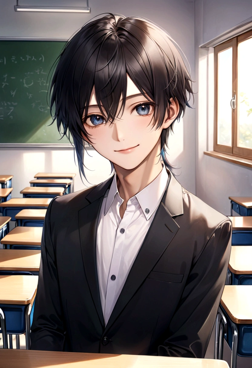 titles: Professional portrait in photorealistic classroom explanation: Images in 8K resolution、It must have extremely photorealistic quality。What is captured is、Young man of Asian descent、Expresses the upper body and front。He wears a black suit and a white shirt.、Smiling confidently at the camera。Your skin texture、Clothing fibers、Every strand of hair is captured with precision.、Natural light evenly illuminates the face and clothes。classroom in the background、Blackboard、Ensine Zhuo、Although it includes a chair、Depth of field restricts focus on it.、The background is a little blurred。The light is soft、Shadows are natural、Realistic contrast and color gradients are incorporated。Her eyes and skin are especially realistic.、Fine light reflections are observed in the eyes。The overall tone is natural and、Without overemphasizing any element、Maintaining Harmony。