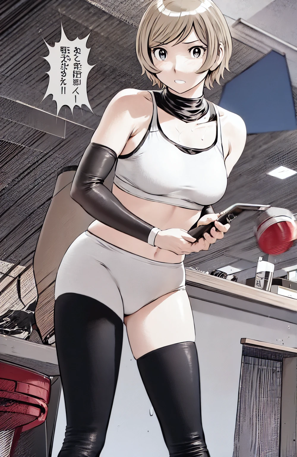 Sports 、spats、(masterpiece、Highest quality)、Highest quality, Ultra-high resolution, (((masterpiece))), alone, Sweat、Big eyes, Composition from the front、（Short back hair、short hair、blonde、woman）、(Manga style:1.1)、Shortcuts、Embarrassed face、Cut your hair short、可愛いwomanの子、Big Breasts、Training Gym