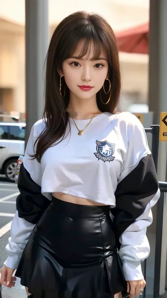 White Sweatshirt Clothes、Black mini skirt、Navel-baring look