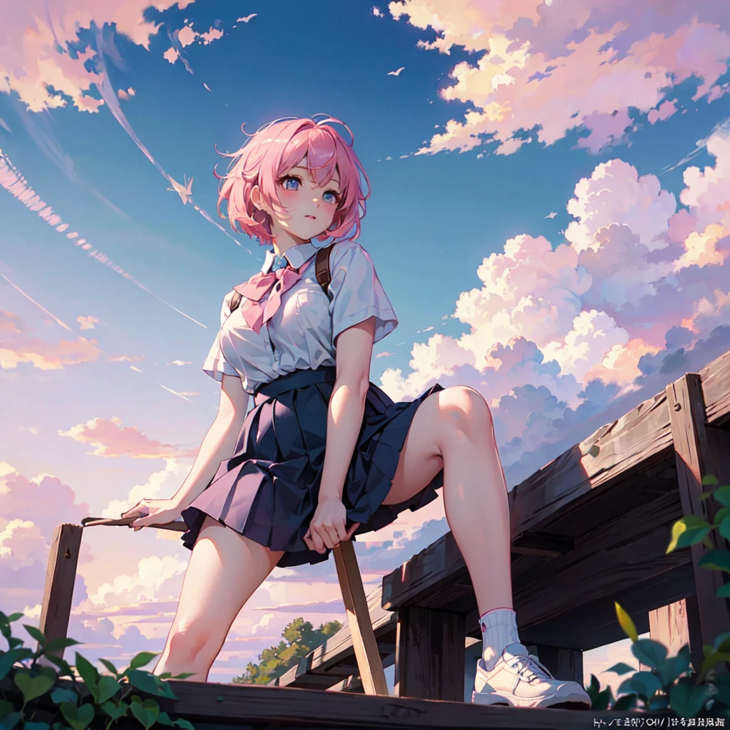 ((Highest quality)), ((masterpiece)), (detailed), From below, Pink Bob Hair, Beautiful school girl, Plump breasts, , Sitting on the shore, Spread your legs, View your viewers, beautiful pink sky and clouds,
